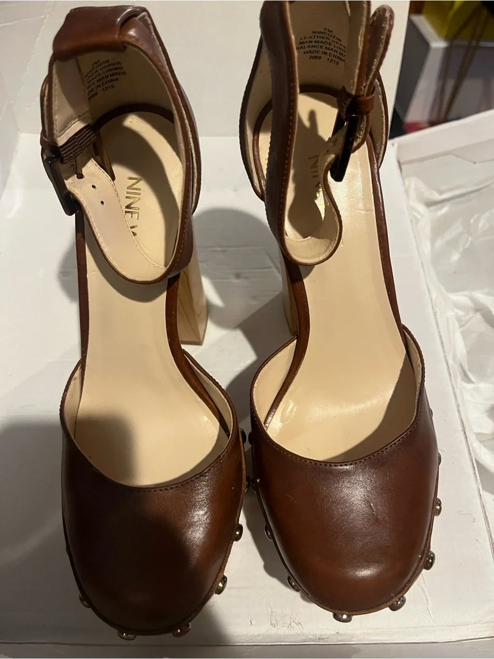 Nine West Brown Leather Ankle-Strap Platform Pump with Wood-Look Heel